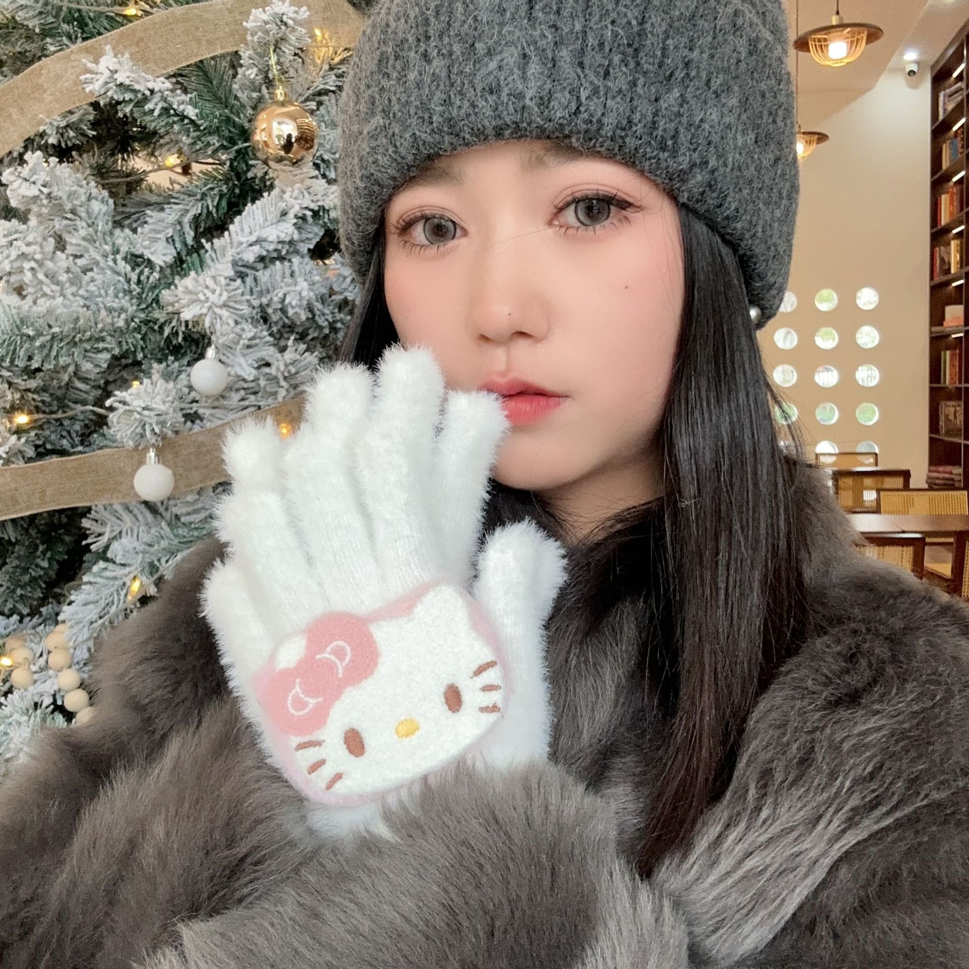 新年圣诞红色保暖手套冬季可爱kt猫咪学生骑行加厚美甲分指手套女详情18