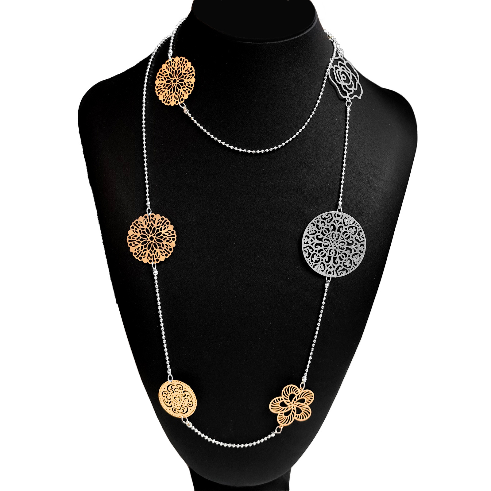 European and American cross-border fashion oval-shaped flower sweater necklace, high-end circular owl necklace, design sense waist chain pic 5