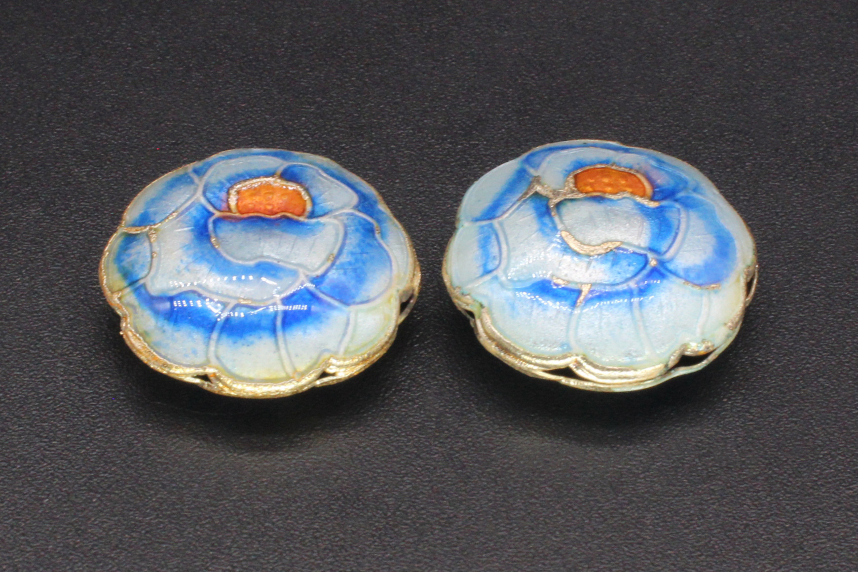 Traditional high-temperature enamel mechanism silver-blue ancient-style jewelry accessory, back cloud partition bead cloisonne 19mm mille-feuille flower pic 9
