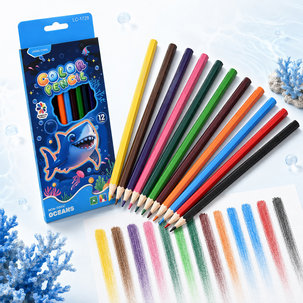 Serie marina de 12 colores aceite color plomo dibujo transfronterizo especial para estudiantes de primaria lápiz de barra hexagonal suministros de arte para niños pic 7