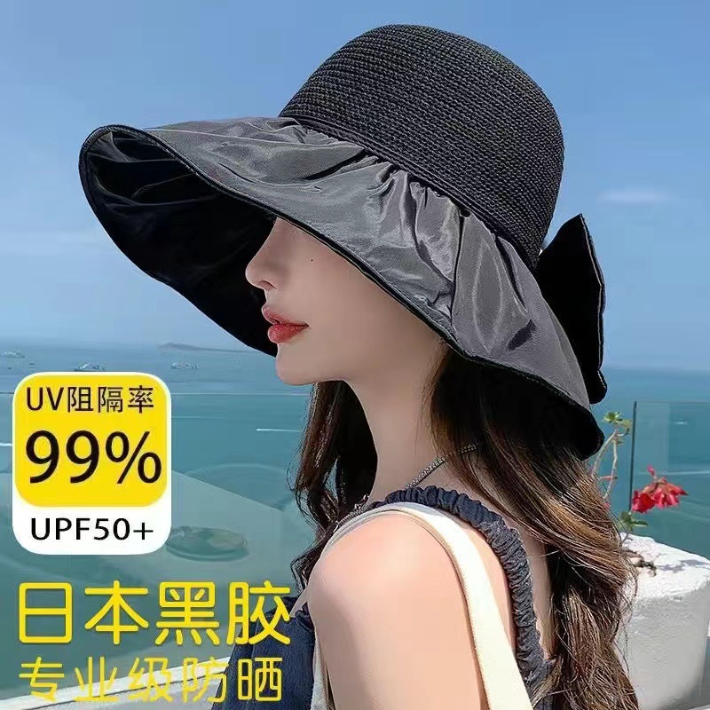 新款夏季百搭户外遮阳帽大帽檐渔夫帽便携防晒太阳帽蝴蝶结女士帽详情22