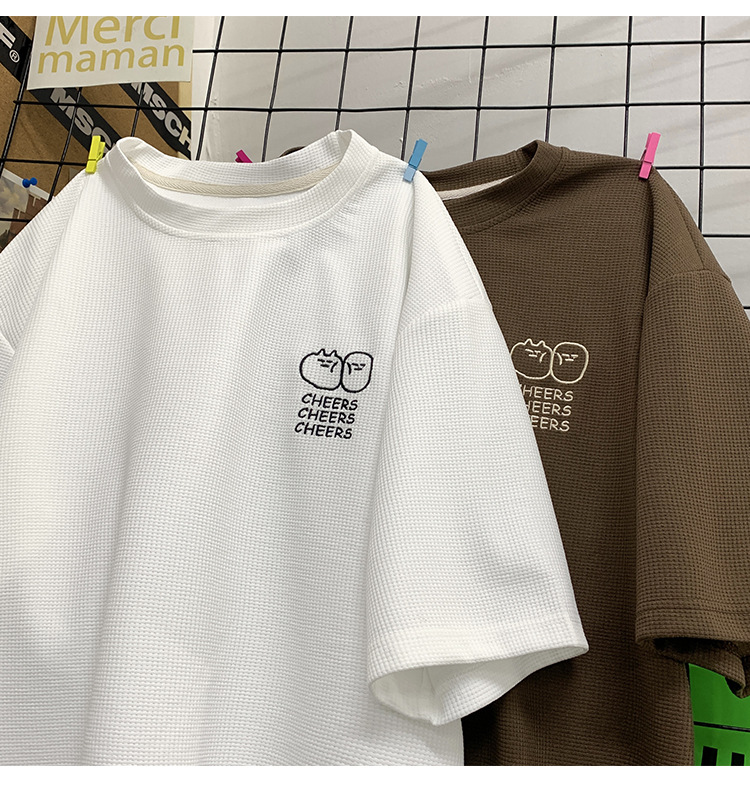Waffle large-sized short-sleeved T-shirt for men, summer Korean style trendy clothing, printed loose half-sleeved American heavyweight T-shirt pic 11