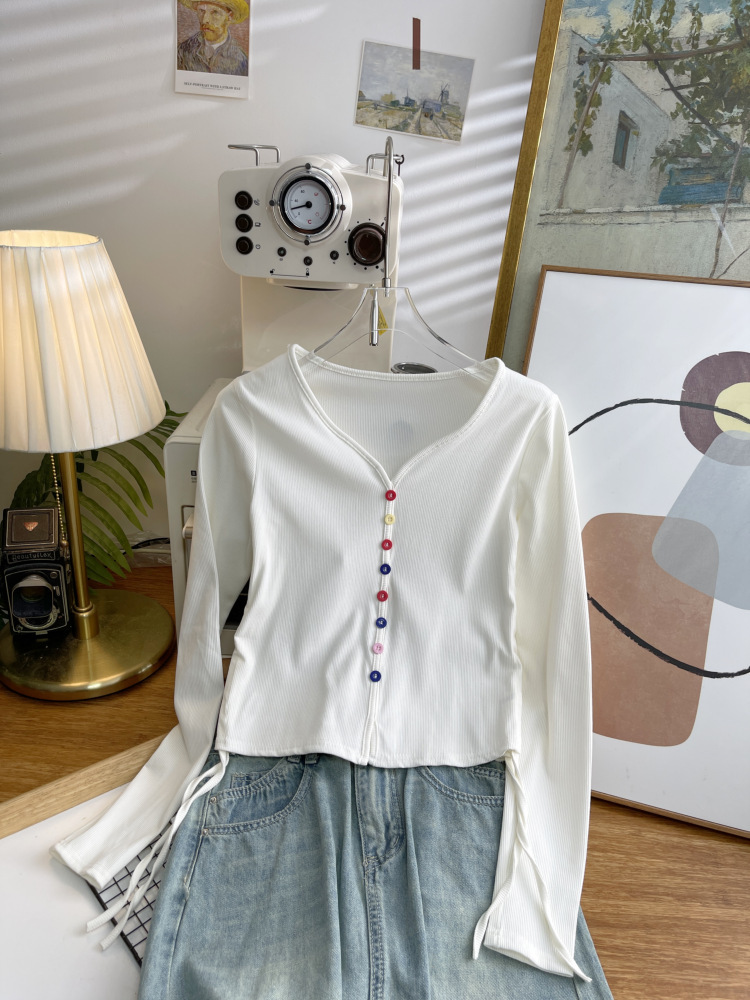 抽绳针织长袖t恤女2024秋新款修身短款设计感内搭打底衫上衣4659详情11