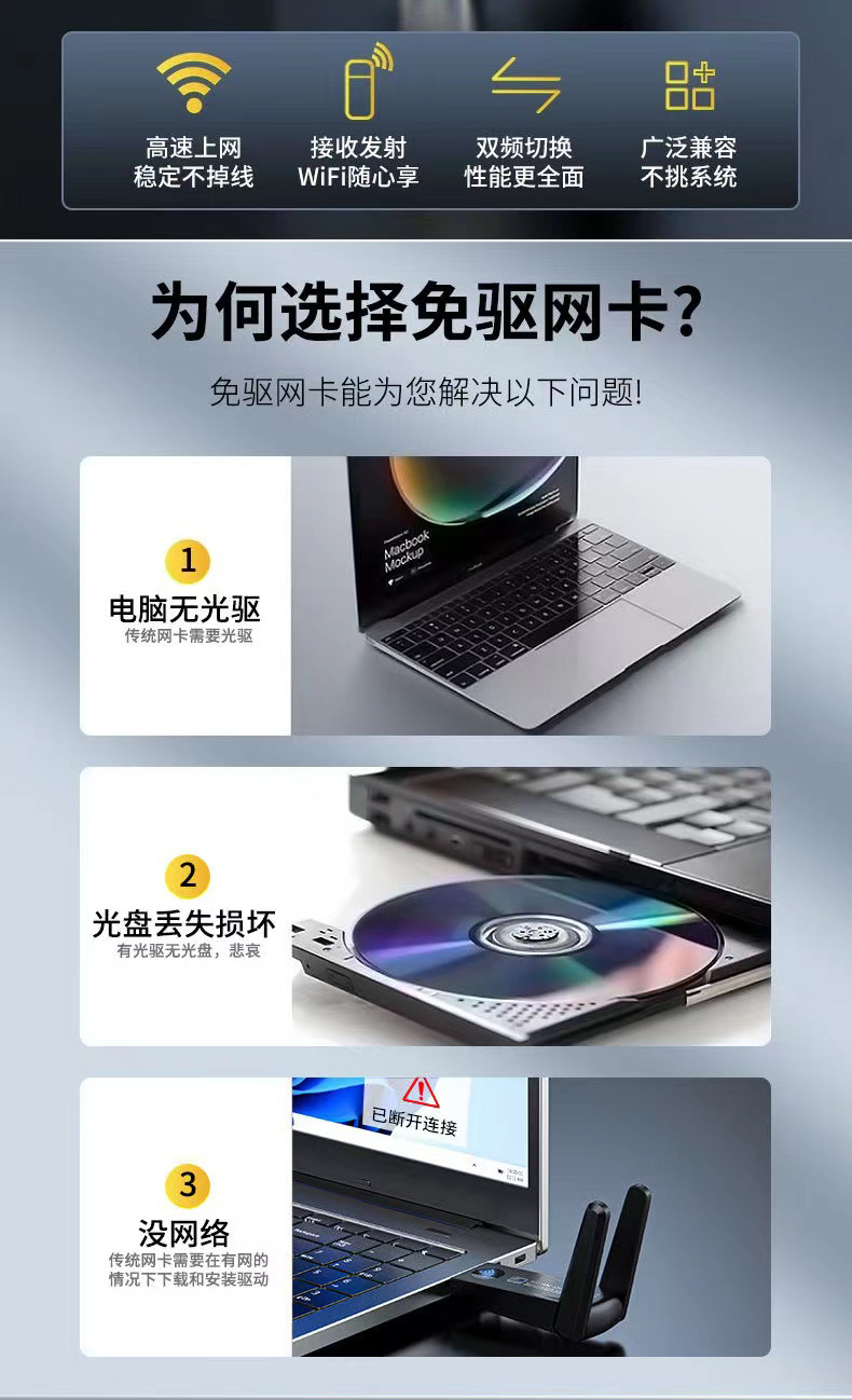 无线网卡千兆双频 免驱动电脑usb wifi接收器 1300Mbps无线网卡5G详情2