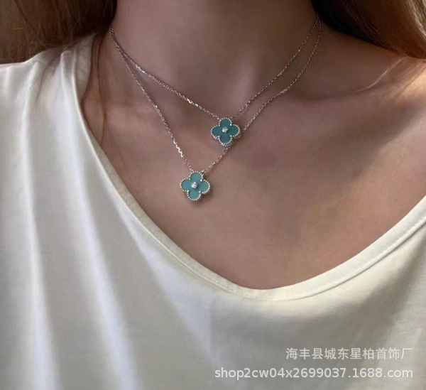 新款纯银925圣诞限定蓝色四叶草单钻18K金薄荷绿幸运草项链锁骨链详情5