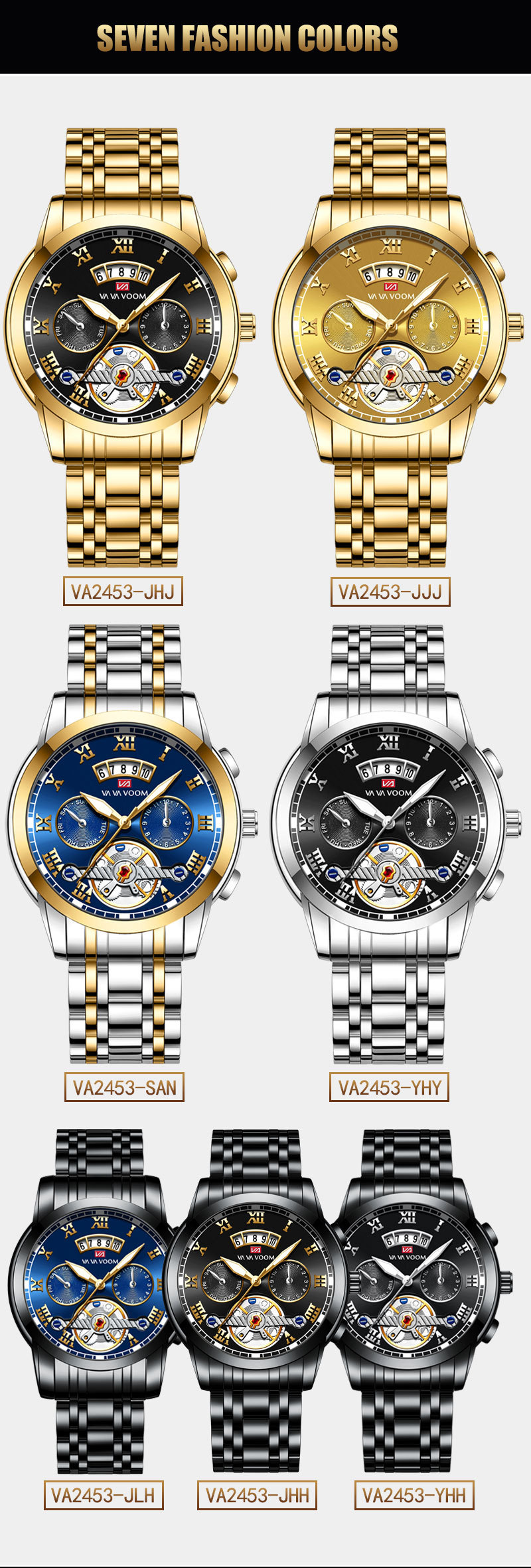 VA VA VOOM stainless steel tourbillon non-automatic mechanical multi-functional business watch, luminous waterproof watch for men pic 23