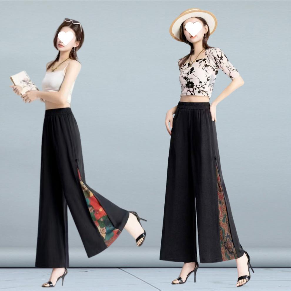 国潮【古风古韵阔腿裤】夏季新款中国风裙裤女高腰薄款绣花开叉阔腿裤详情1