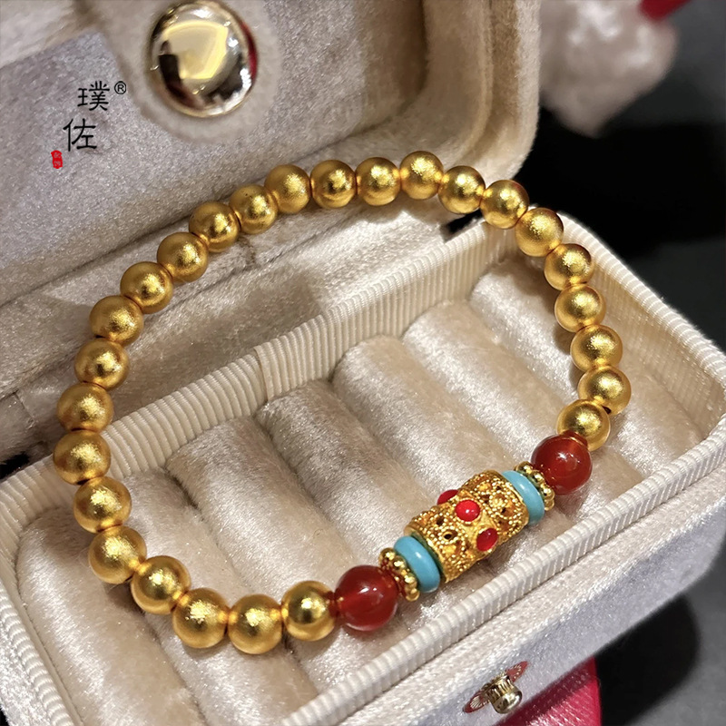璞佐金店同款越南沙金仿绿松蜻蜓眼转动运珠手链新中式多宝手串女详情5