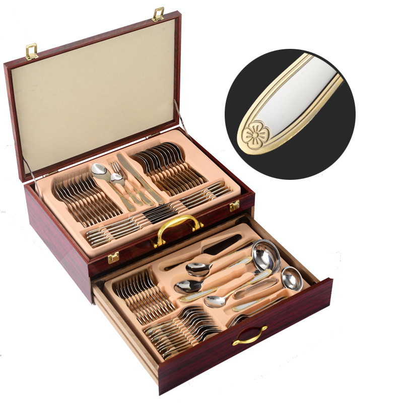 72-piece Western tableware set, 84-piece set, gold-plated Gong Yan stainless steel knife, fork and spoon gift box, wooden box pic 1