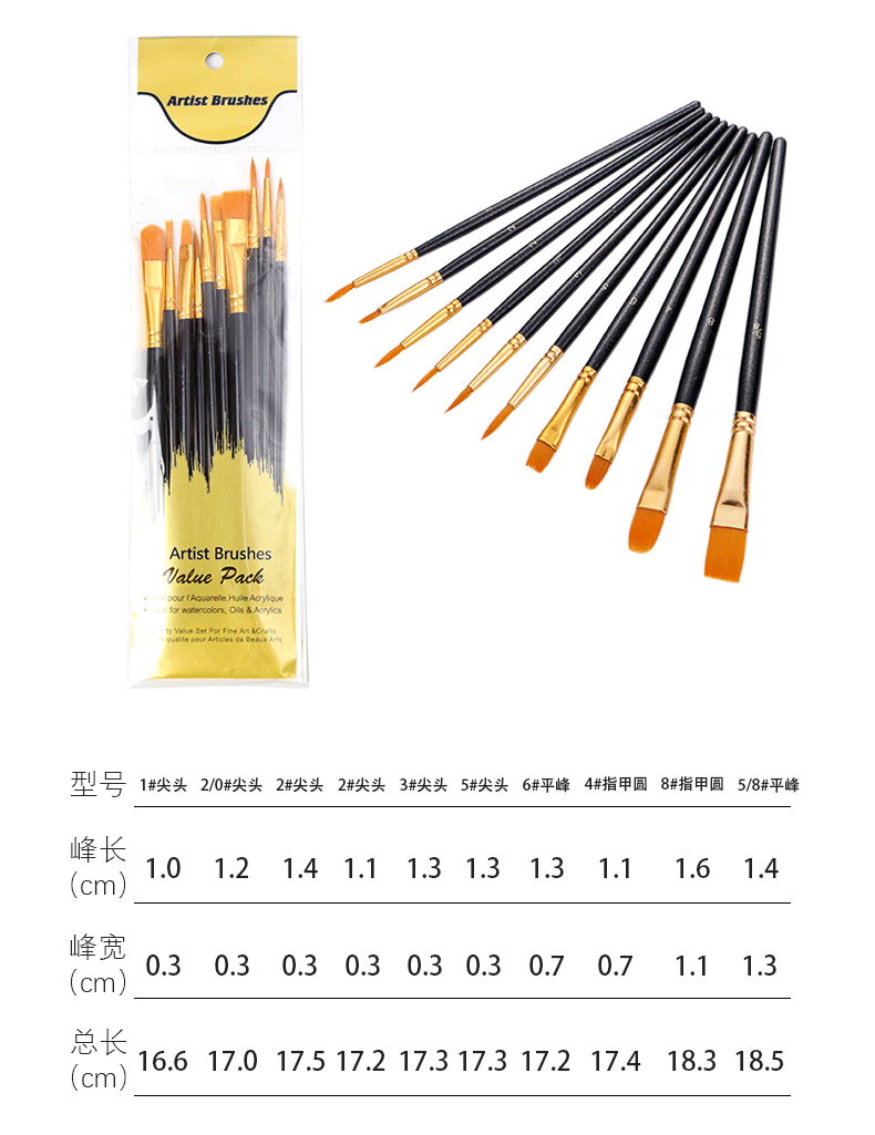 跨境亚马逊儿童美术套装10支塑料长杆水粉丙烯油画画笔尼龙材质DIY绘画工具详情10