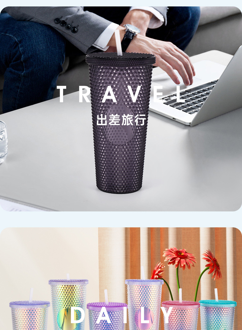 高颜值杯子双层榴莲杯创意扎手大容量塑料杯潮流便携吸管杯批发详情14