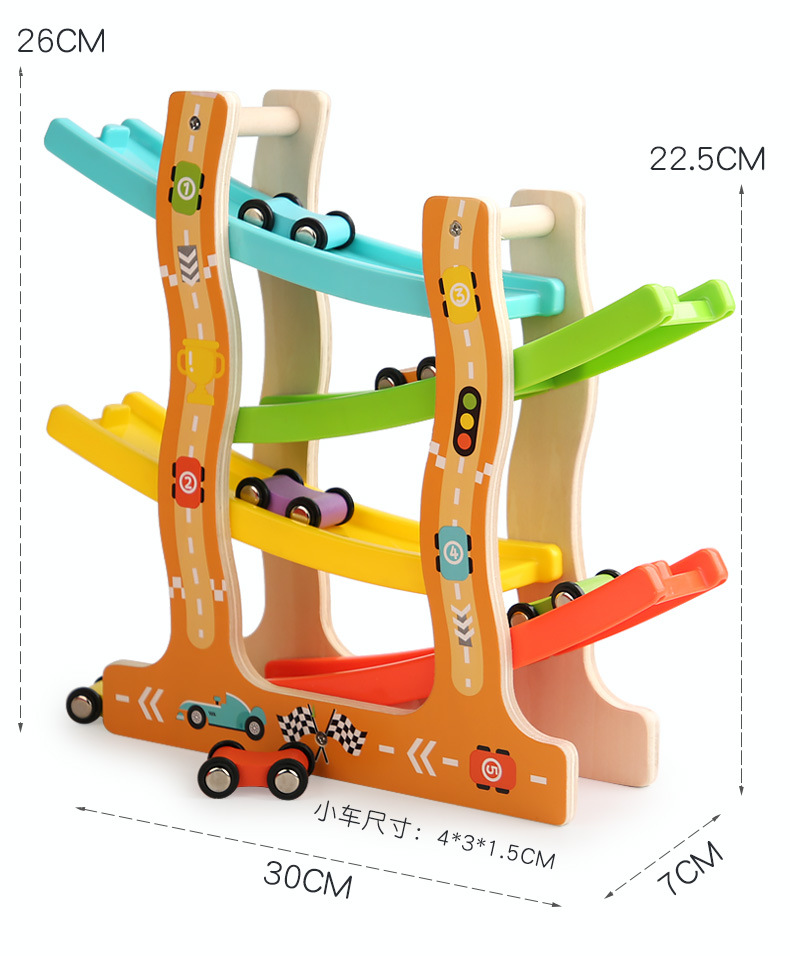 Wooden fun multi-layer track game, gliding car inertial slide with parking lot, beneficial intelligence parent-child toy pic 17
