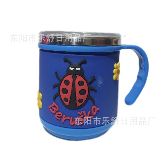 不锈钢儿童水杯卡通创意杯子带盖带手柄双层隔热pvc软胶不锈钢杯详情11