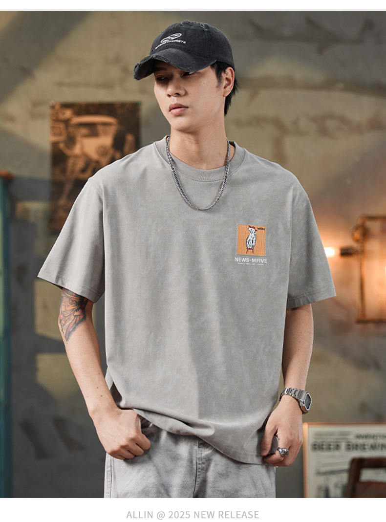 ALLIN 卡通印花短袖T恤男夏季美式重磅宽松百搭圆领五分半袖上衣详情20