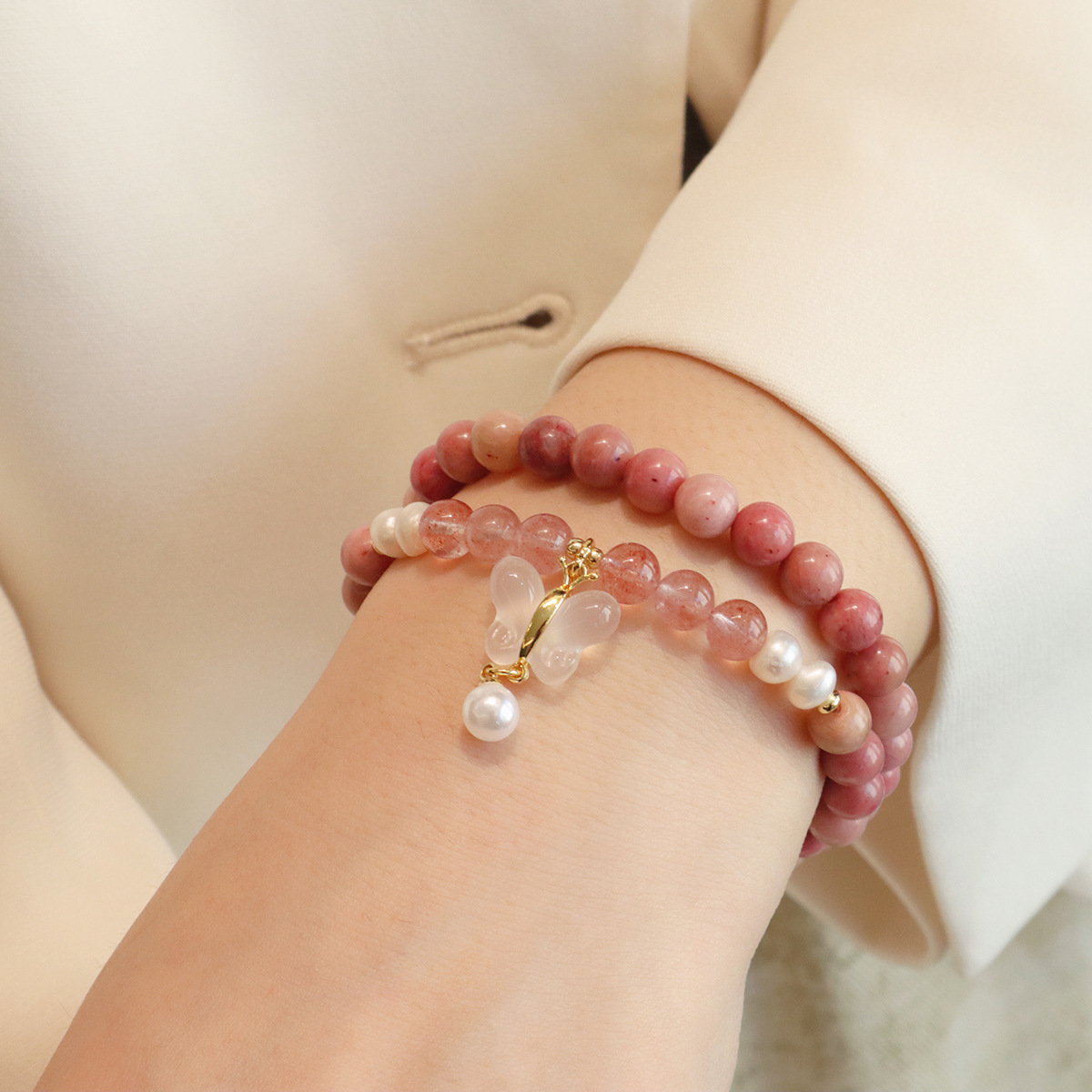 红纹石手链天然淡水珍珠玉髓高级感天然石手串女平安扣星星设计详情25