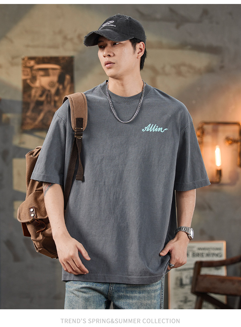 ALLIN pure cotton heavy-duty short-sleeved T-shirt for men, a summer trendy brand with three-dimensional printed letters and loose round-neck couple tops pic 17