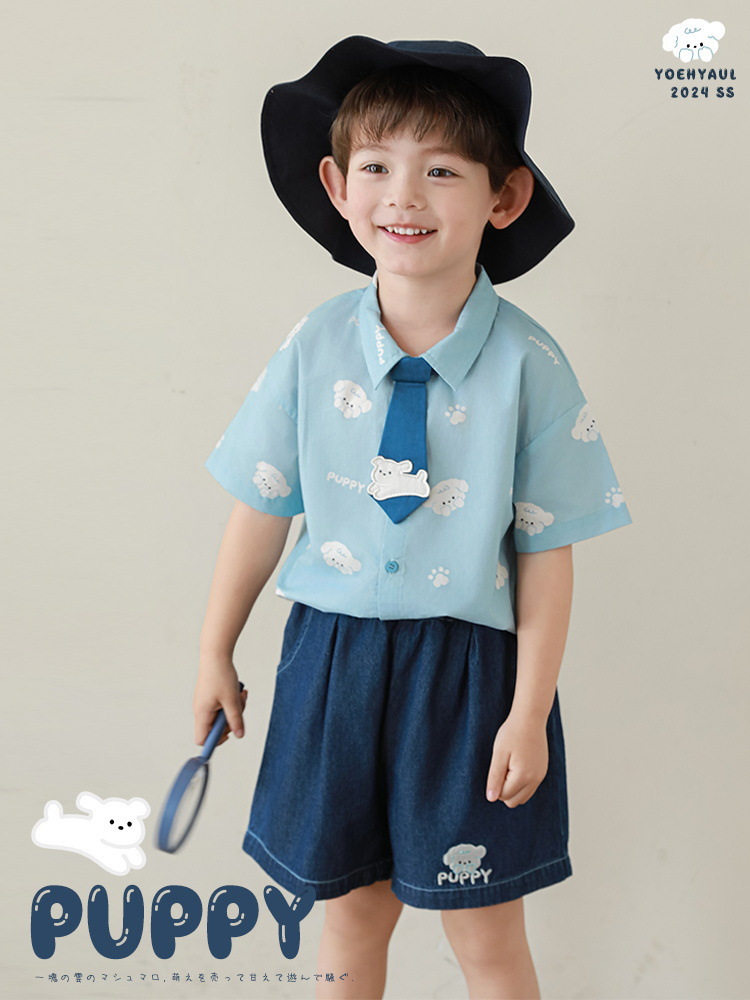 男童夏日潮玩时尚两件套印染短袖衬衫短裤薄款帅气2025新款套装详情2