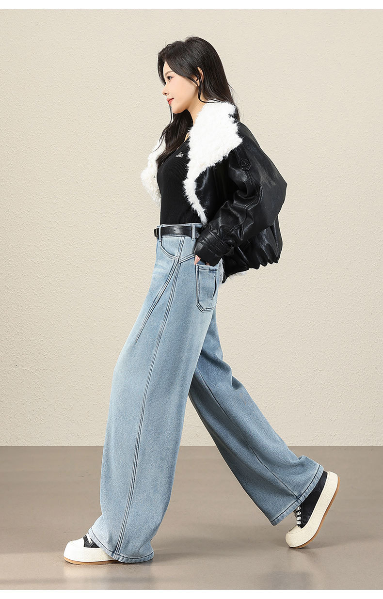 Light blue denim curved knife pants for women, fleece and thickened, 2025 winter new style loose and slimming wide-leg jeans pic 24