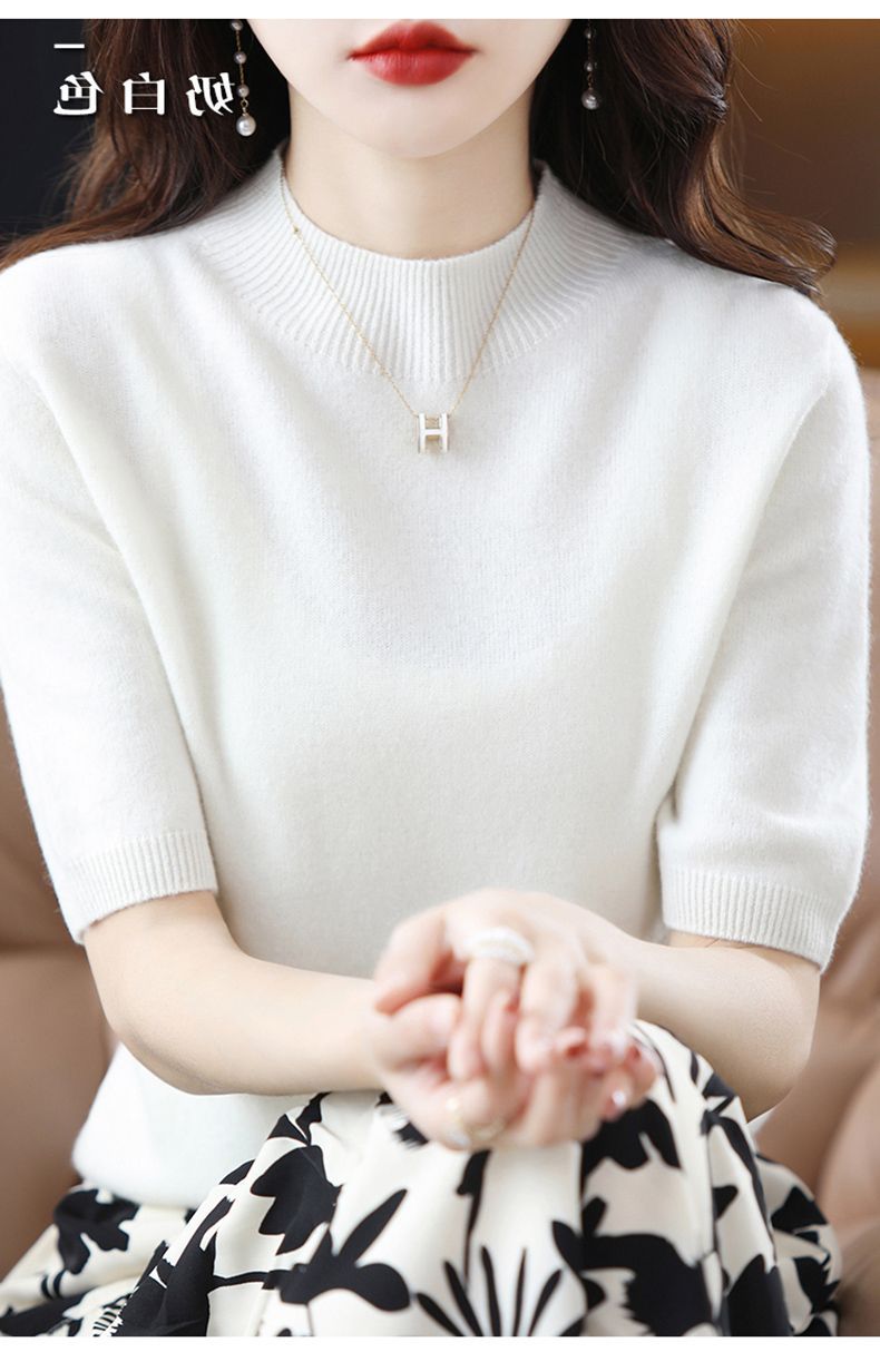 A semi-high-neck casual knitted sweater for women in spring 2023, in a solid color, paired with a half-sleeved base layer sweater T-shirt pic 36
