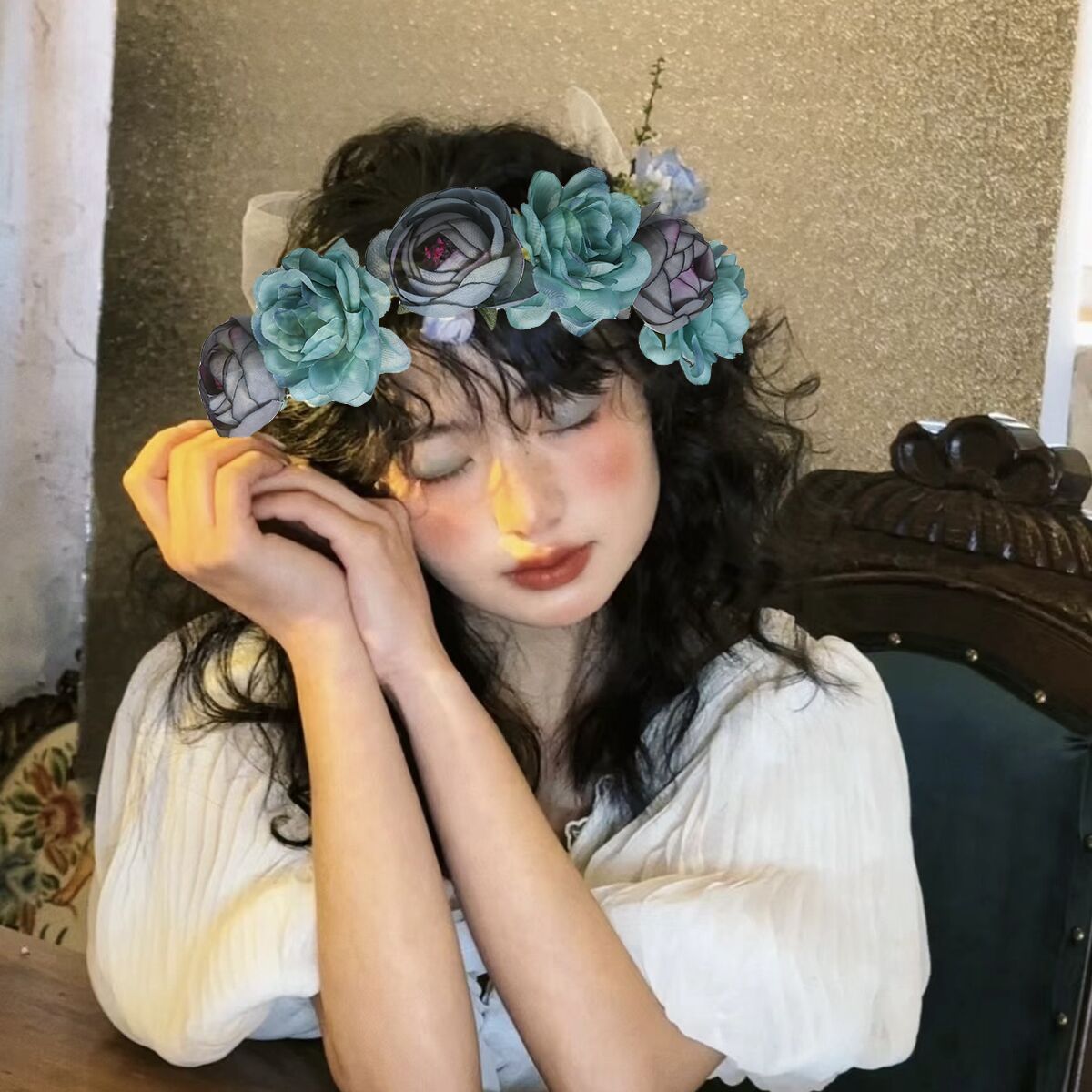 Realistic garland headwear, fabric rose flower bride garland, forest-themed super fairy vacation photography, hair accessory pic 3