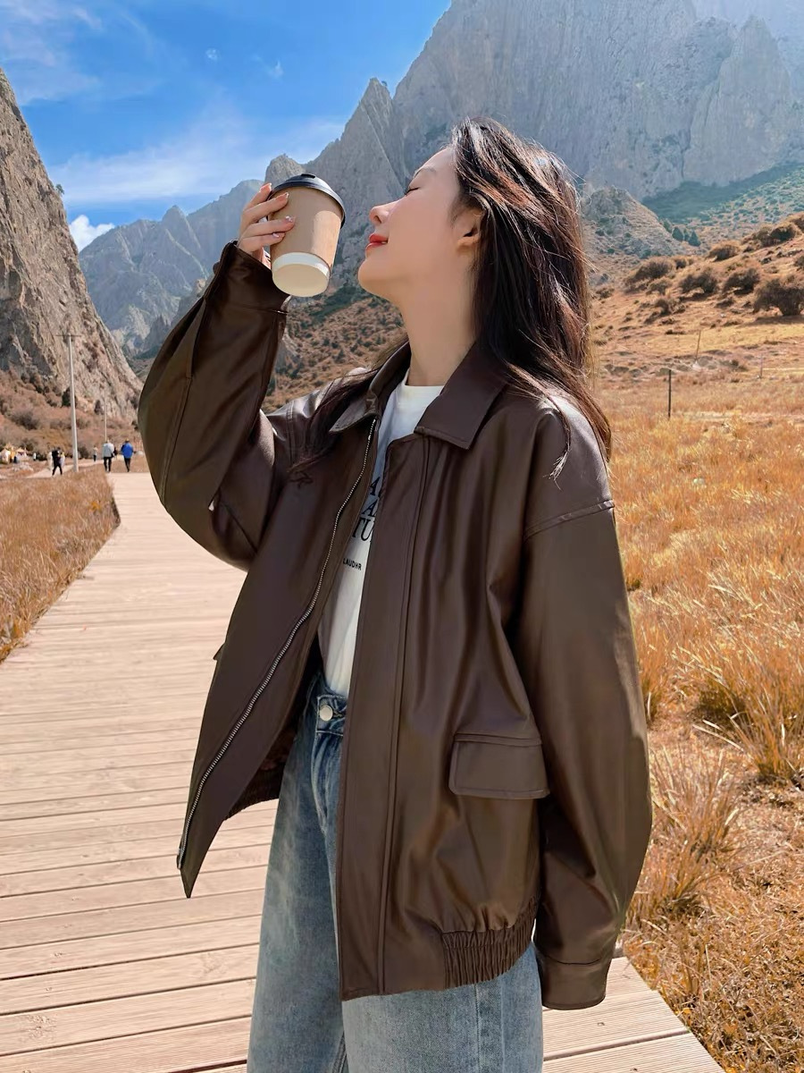 复古棕色皮衣女短款2024春秋季小个子韩版宽松皮夹克帅气机车外套详情3