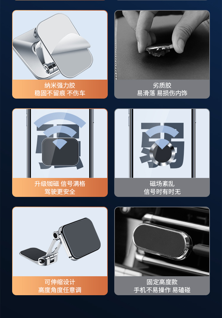 车载手机支架金属强磁性360度旋转折叠任意贴车载仪表台导航支架详情4