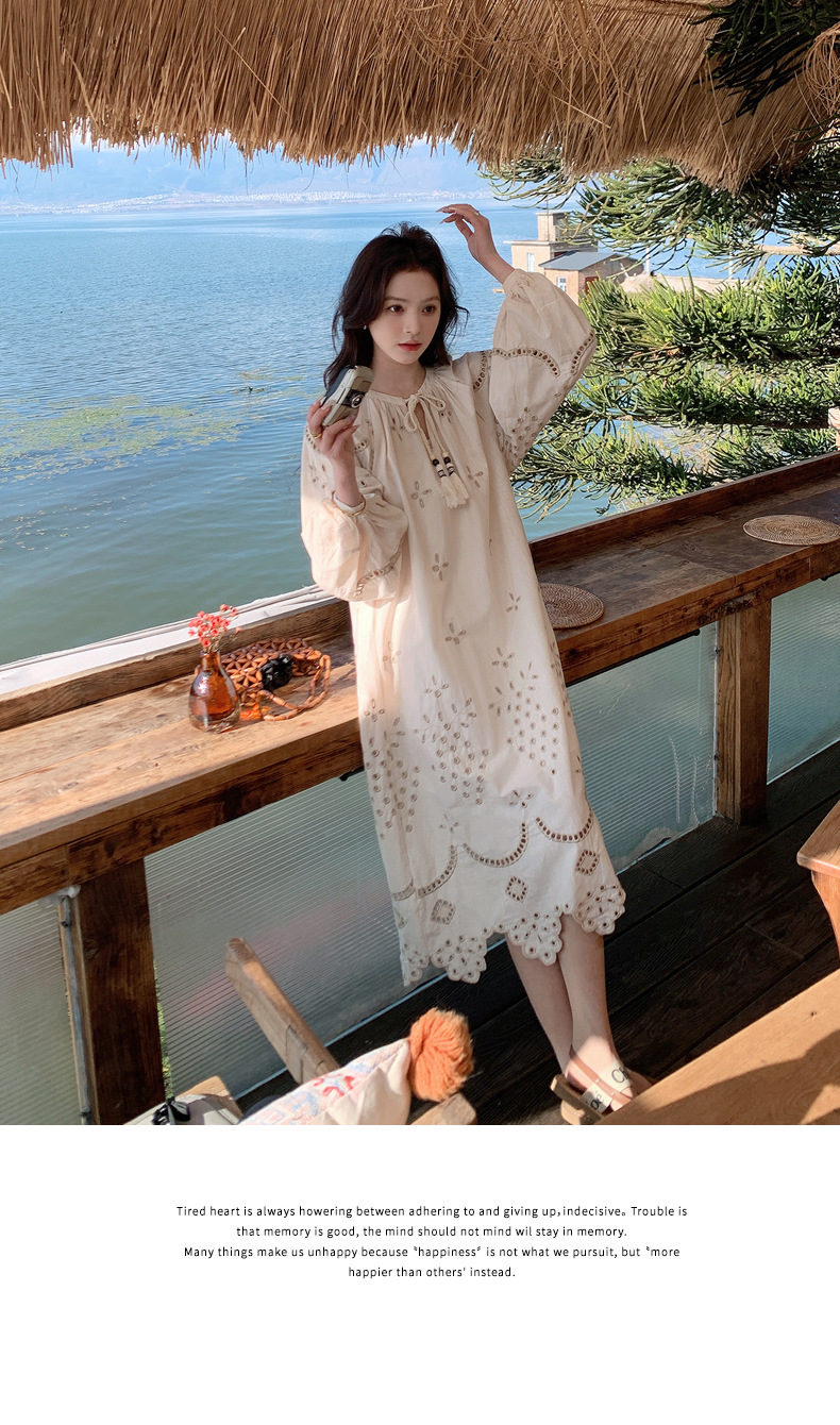 Real photo of a retro, gentle, cut-out embroidered V-neck apricot-colored dress, 2025 new seaside vacation style long-sleeved umbrella dress pic 20