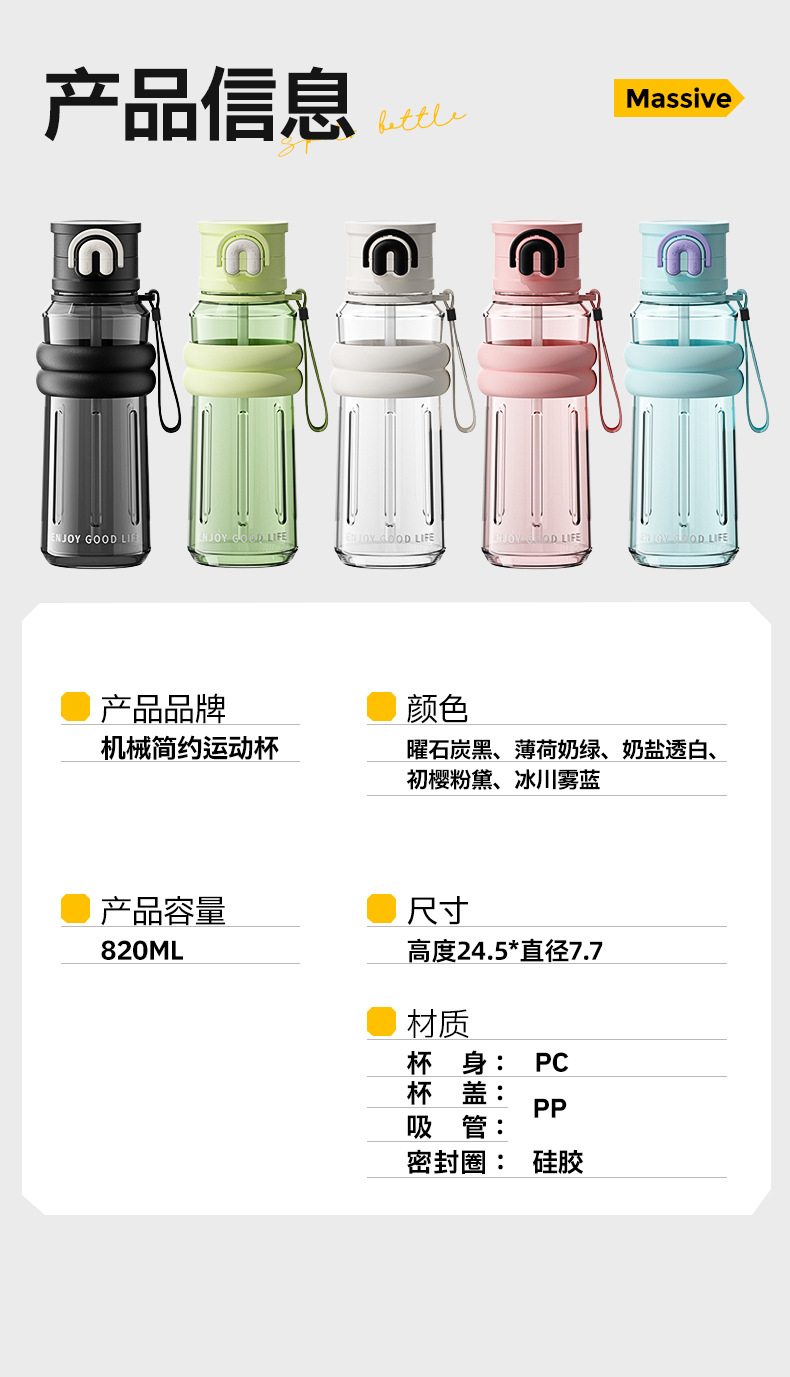 Large-capacity sports water cup, men's portable straw cup, high-temperature resistant food-grade plastic, fitness student outdoor double drinking pic 16
