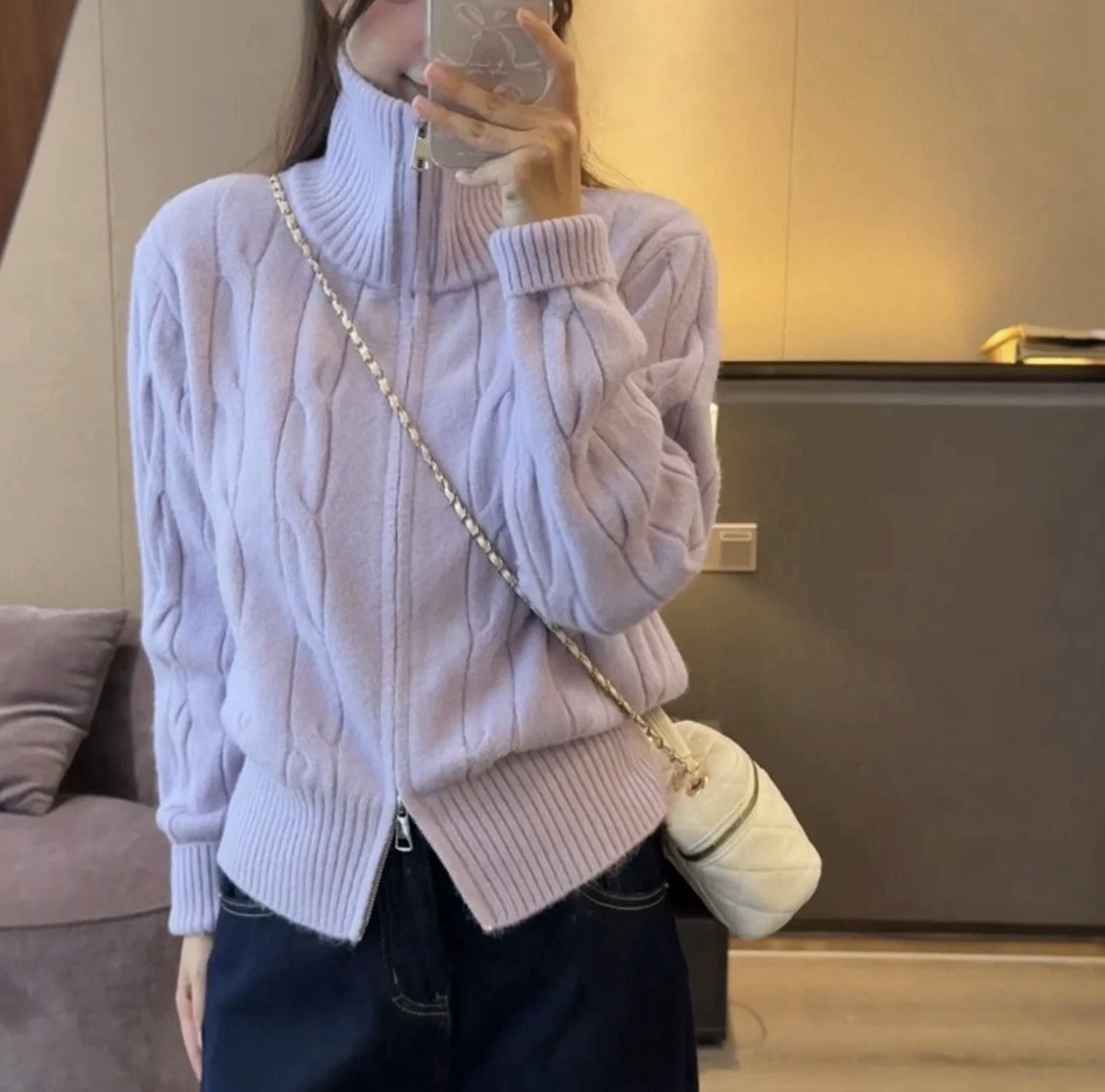 Solid-color casual double-zipper twisted knit cardigan coat, fashionable and versatile, new autumn and winter style sweater top for women pic 3