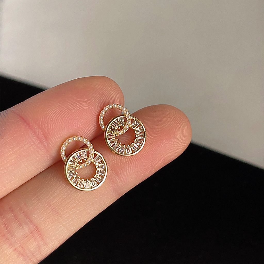 Micro-inlaid zircon 925 silver needle 14K geometric round stud earrings, simple and elegant with a high-end feel, factory earrings pic 5