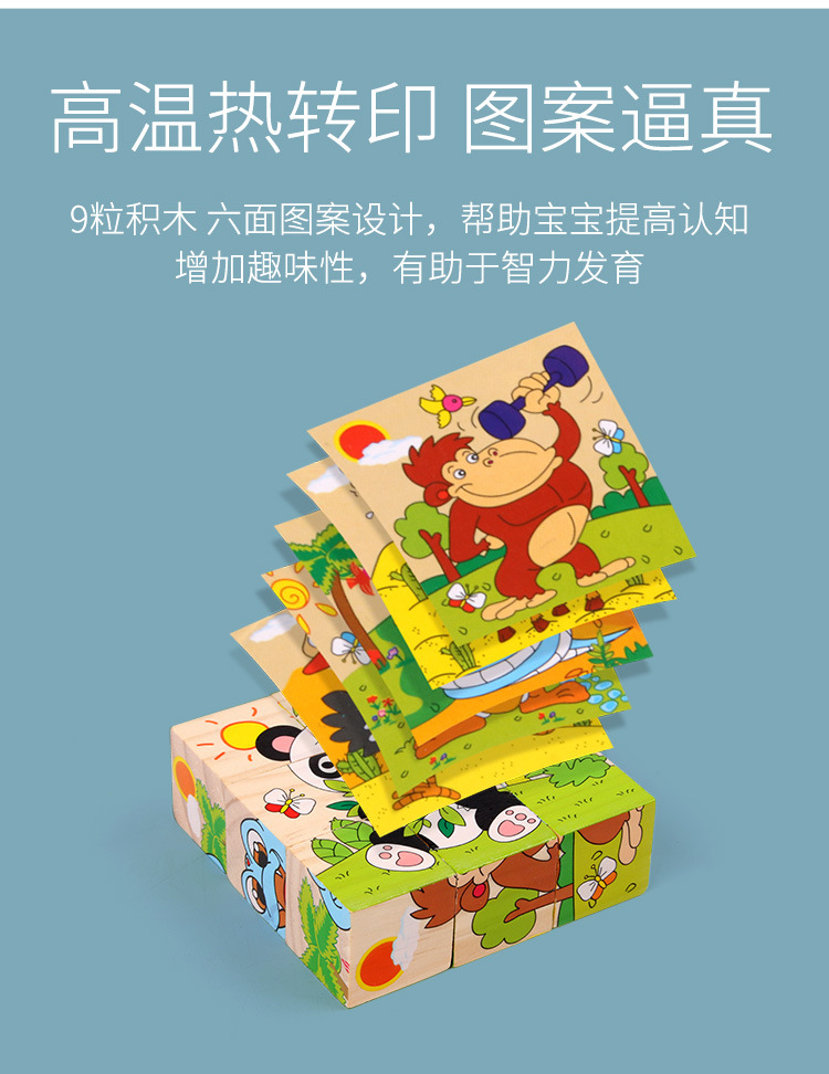 9粒六面画立体拼图块儿童益智力早教幼儿园积木质制玩具变脸魔方详情3