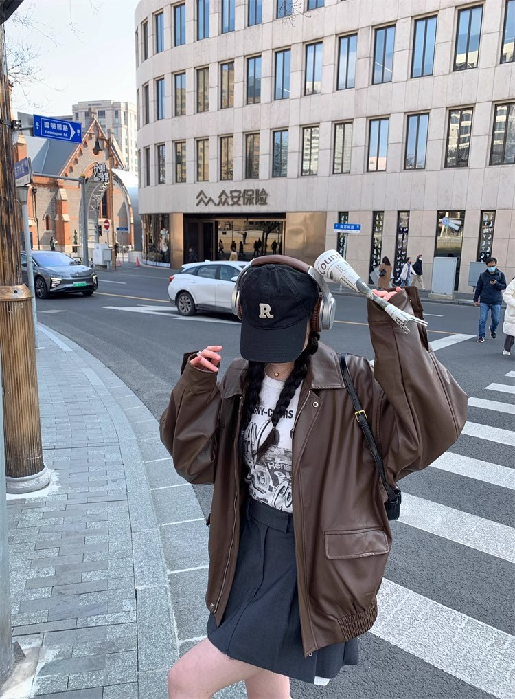 美拉德皮衣美式甜酷穿搭棕色皮衣外套防风宽松美式复古机车服夹克详情6