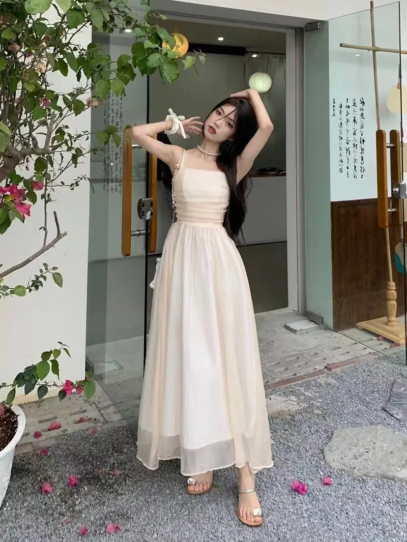 女装法式白色吊带长裙夏新款2024气质收腰显瘦纯色礼服超仙连衣裙详情30