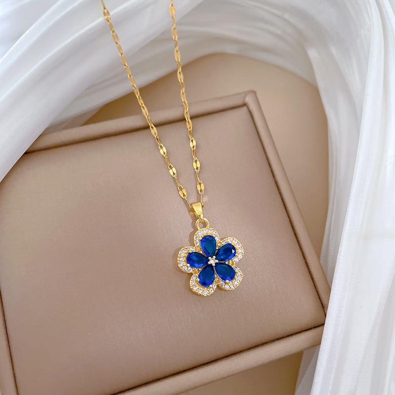 【钛钢】五叶花朵项链耳环套装轻奢微镶个性气质宴会耳饰项饰组合详情13