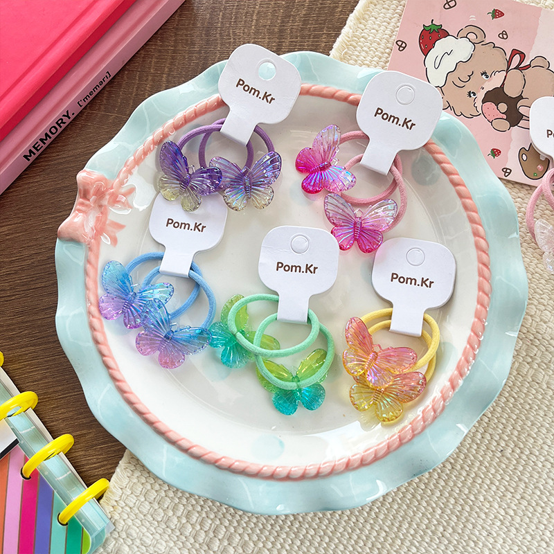 2024 New cute transparent gradient butterfly hair band for children, sweet and elegant ponytail hair band, leather band hair accessory pic 4