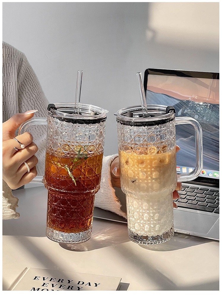 Creative large-capacity glass cups, handle beverages, cola cups, transparent covered straw cups, household double-drinking cups, water cups pic 6