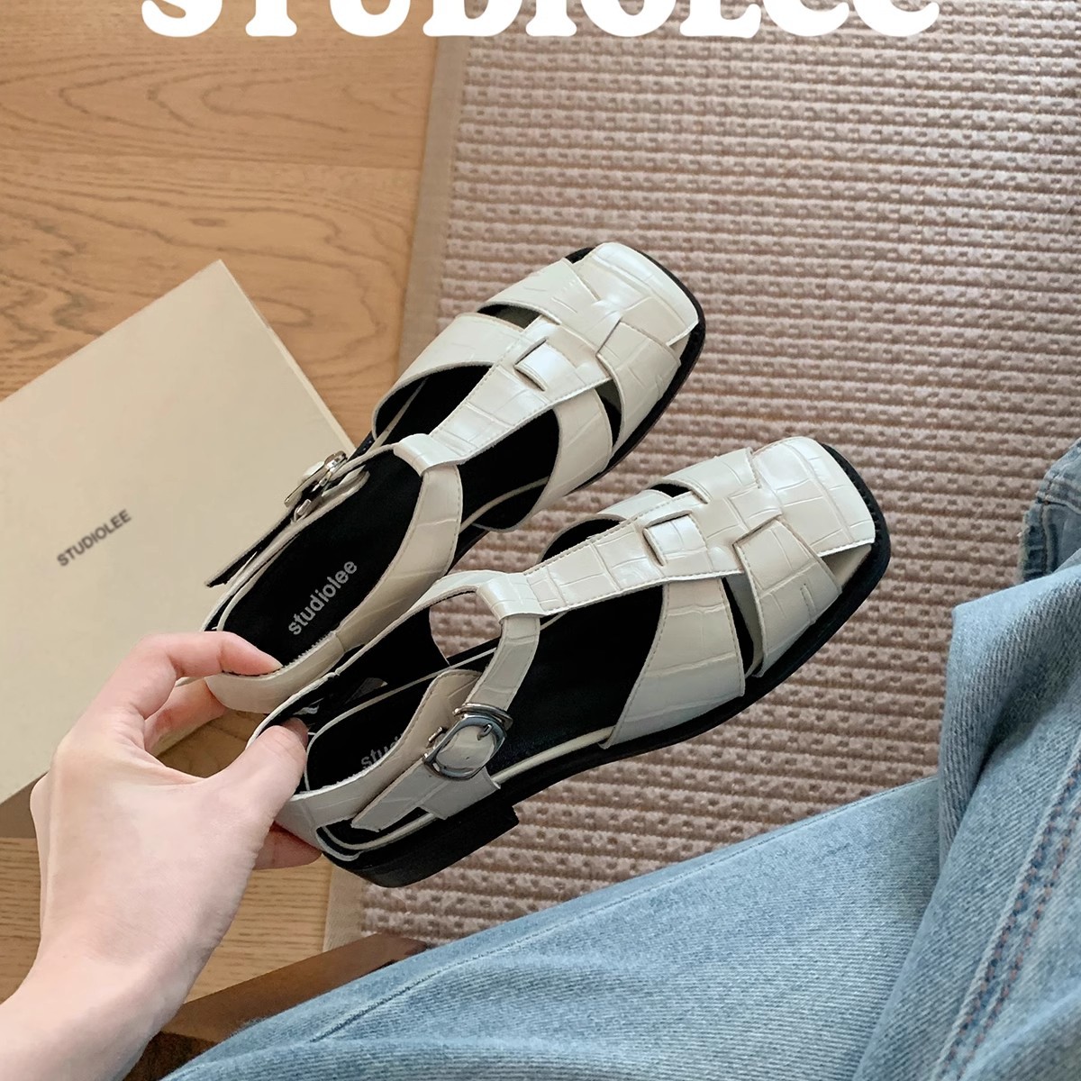 葡萄妈同款~罗马风编织设计方头镂空包头软面小粗跟凉鞋女夏详情21