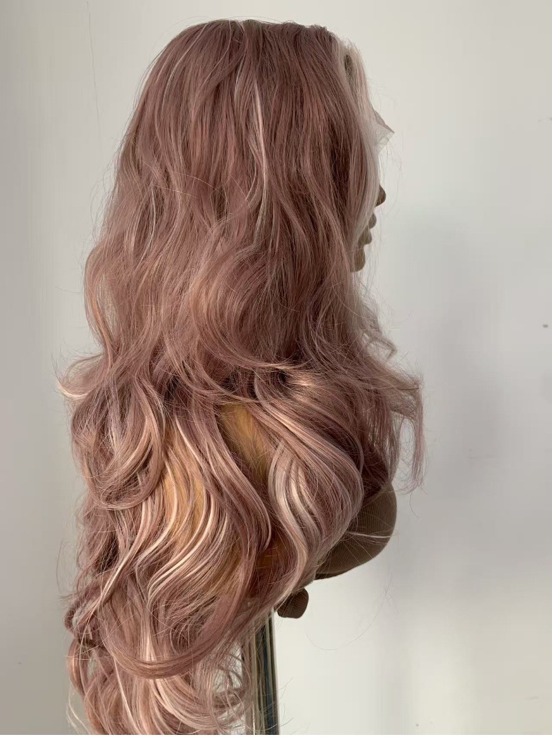 This is a popular full-length wig in Europe and America. It features a pink, fluffy, big wavy simulation, long curly hair, and is made of synthetic fiber, with a lace forehead and medium-length hair pic 5
