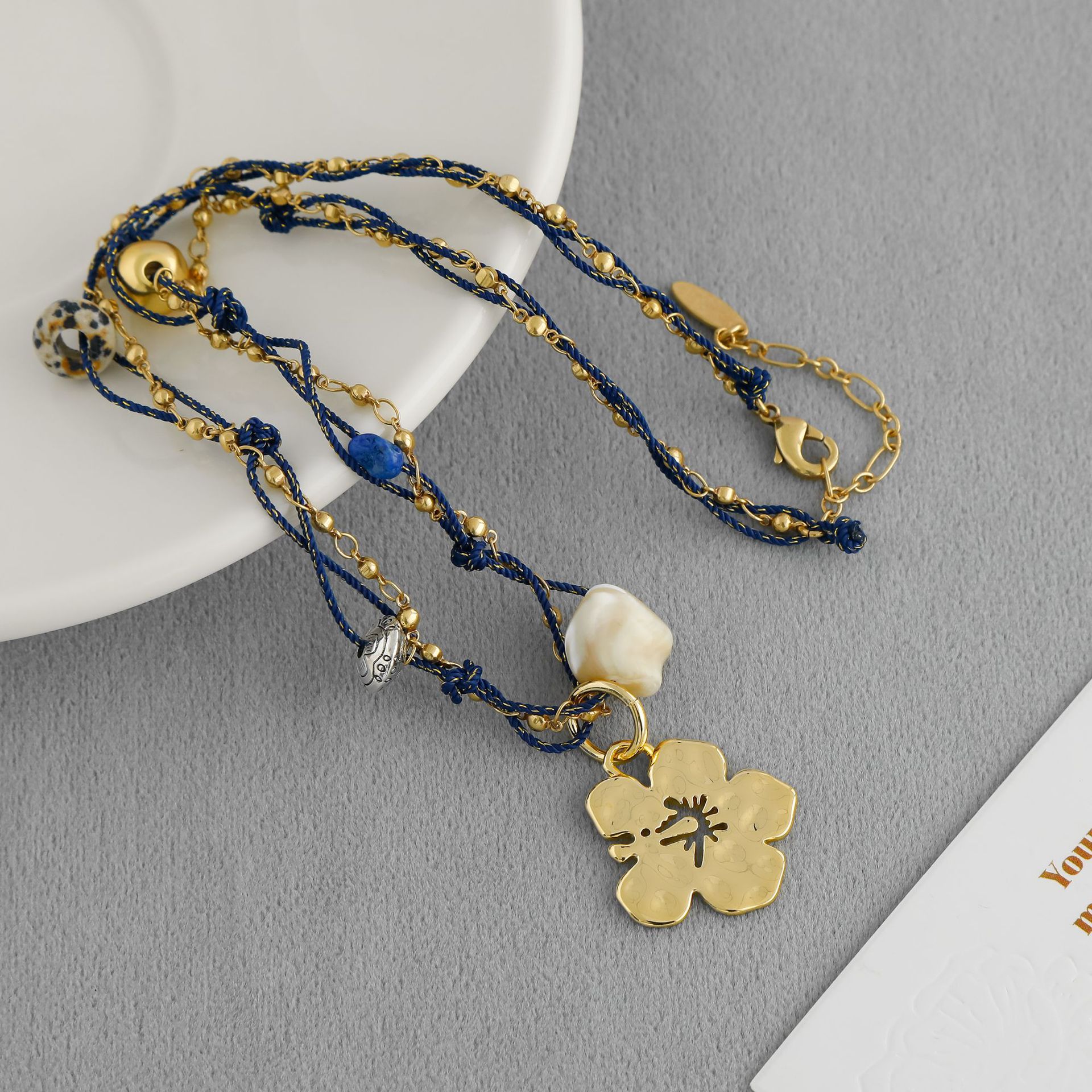 LAZY家扶桑花小岛系列项链新中式民族度假风手工编绳扶桑花锁骨链详情6