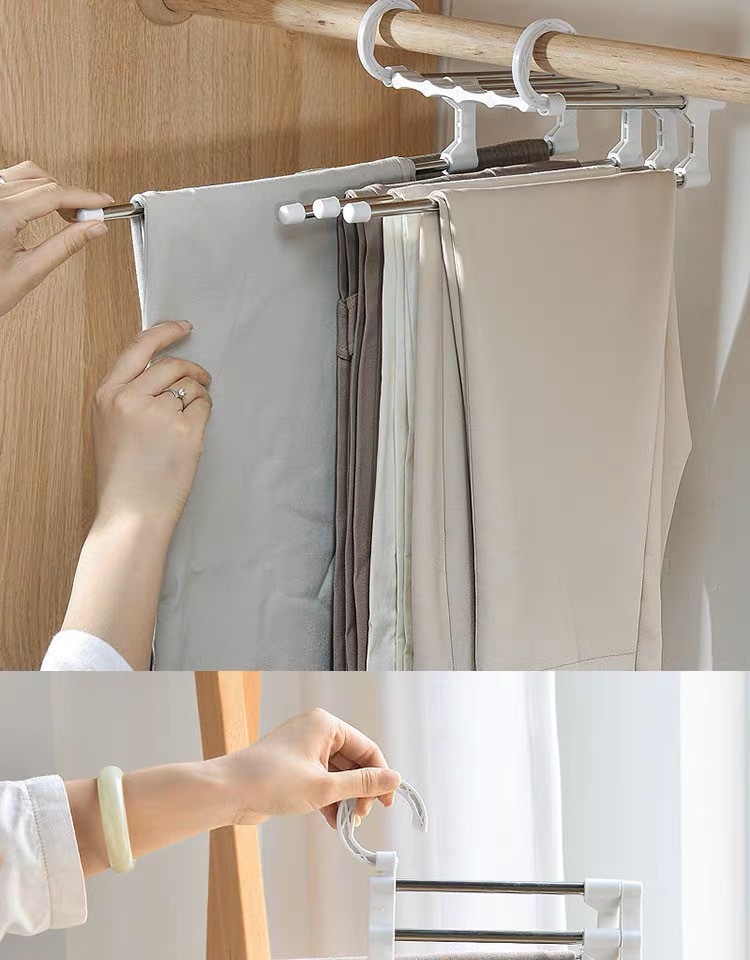 Hot-selling multi-layer folding multi-functional home dormitory wardrobe, tracer storage clothes hanger, stainless steel telescopic magic pants rack pic 13