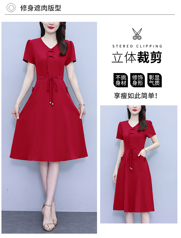 新中式V领连衣裙女2024夏季新款气质中长款收腰显瘦中年妈妈裙子详情5
