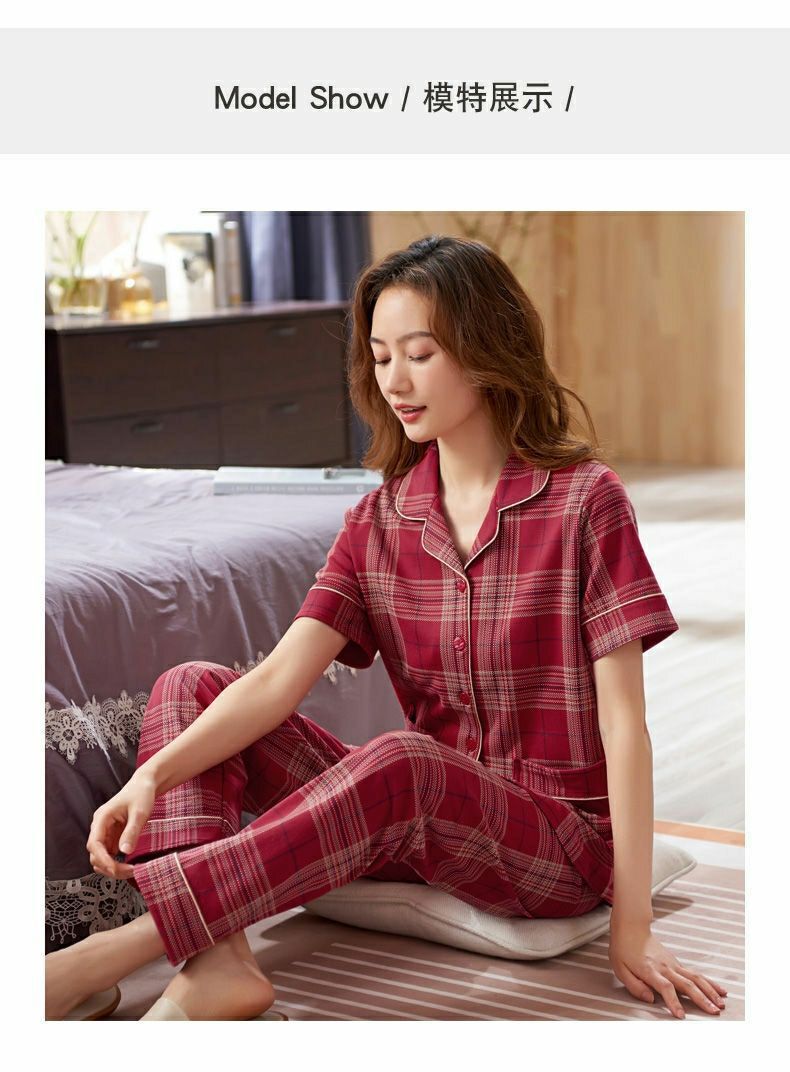 100%纯棉睡衣女夏季薄款短袖长裤大码家居服套装夏可外穿详情32