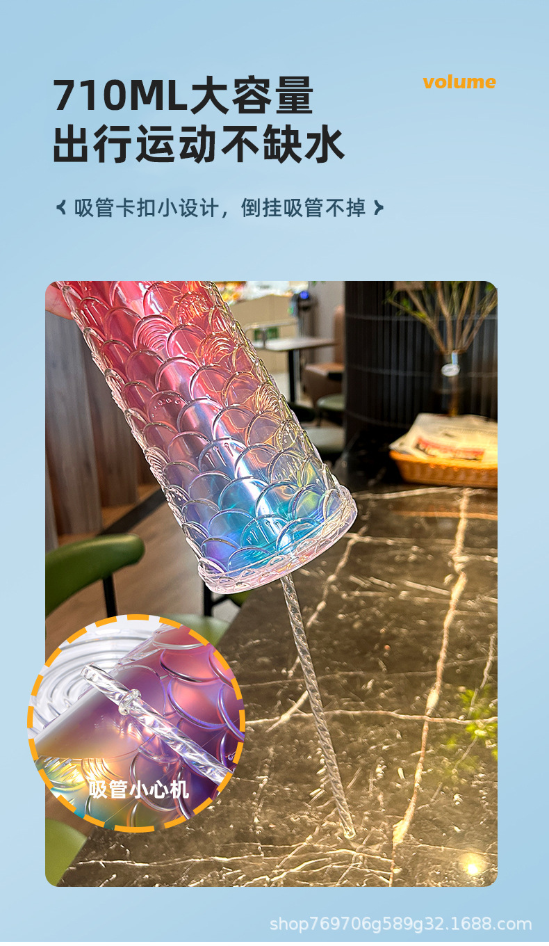 双层塑料吸管榴莲杯可印logo款网红高颜值炫彩渐变镭射双层吸管杯详情11