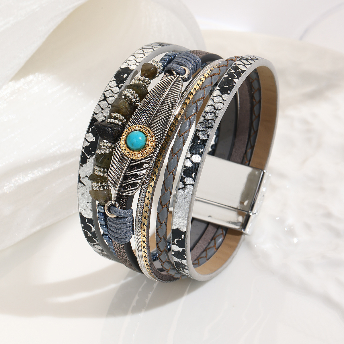 跨境翡翠波西米亚碎石羽毛手链复古绿松石磁铁扣手镯详情8