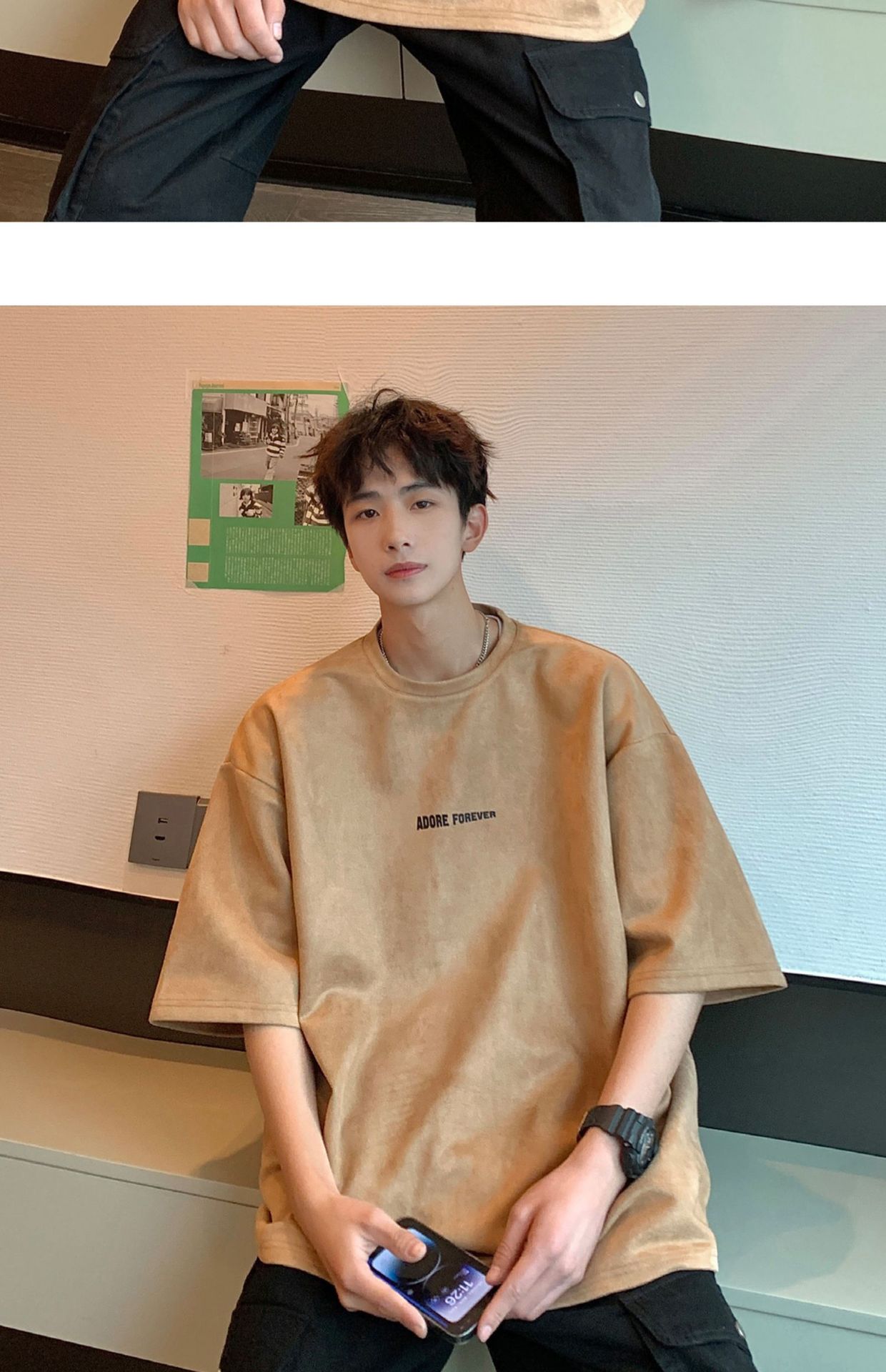 Avocado Green 320g heavyweight T-shirt for men, American retro suede short-sleeved, oversized small collar, three-quarter sleeve pic 43