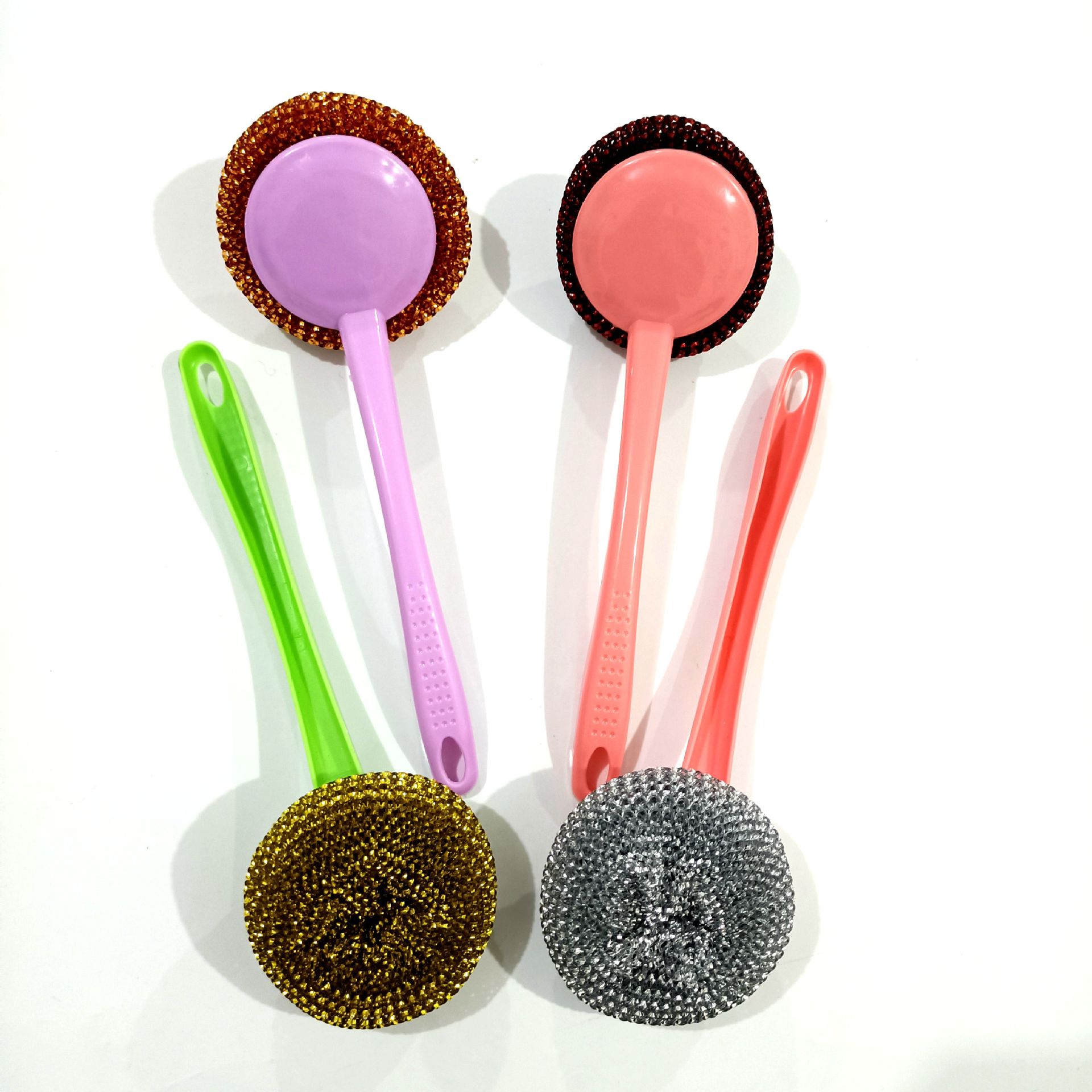 【 Zone 2-10 】 Gold Wire 【 Long Handle 】 Pot brush 500/ box, Multi-color plastic wire pot brush, bent pot brush, stainless steel wire brush, pot washing brush, cleaning ball, steel wool ball cleaning brush pic 2