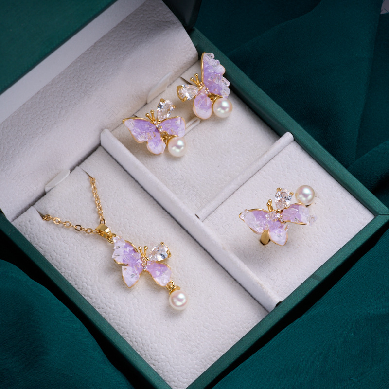 Pearl ring, earneedle pendant, three-piece set, empty stand, four-petal flower, white butterfly shell design, high-end DIY light luxury earrings pic 13