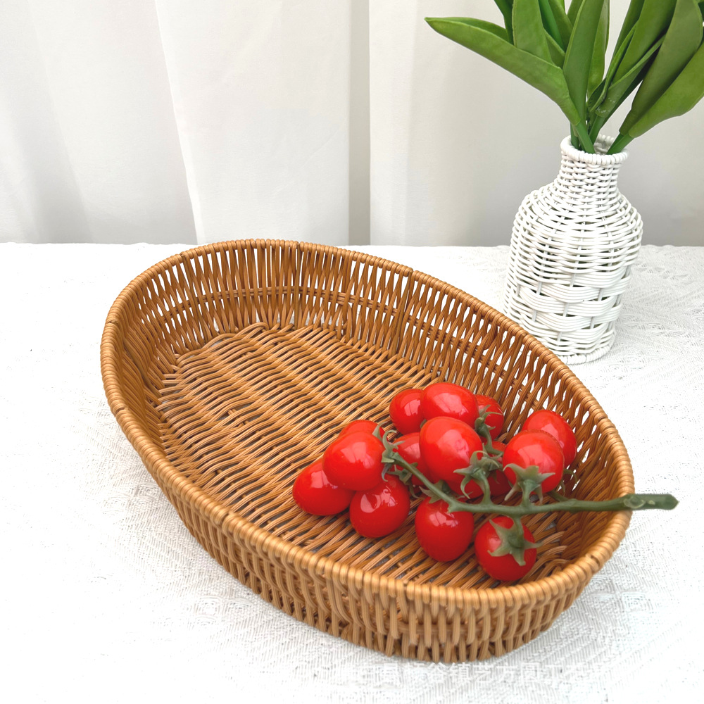 手工编织仿藤塑料圆形水果篮子零食面包收纳筐家用储物杂物工艺品礼品民间竹编详情5