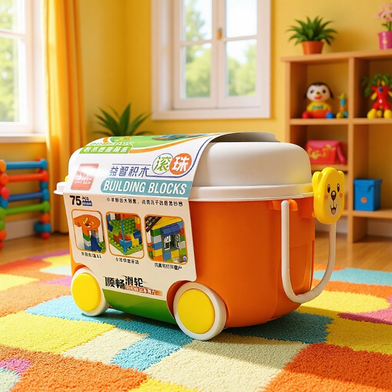 儿童益智积木玩具收纳盒兼容大颗粒滚珠益智滑道多功能萌趣收纳拖详情1