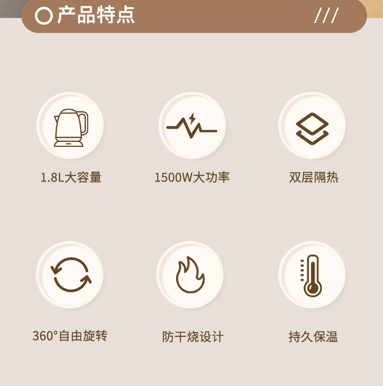 VANLU跨境1800W不锈钢内胆PP外壳双层温控家用电热水壶现货批发详情2